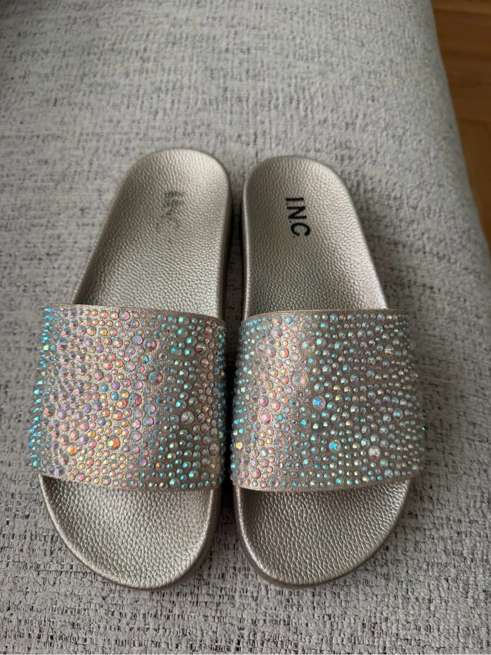 INC International Concepts Metallic Taupe Slide Sandals with Iridescent Crystals